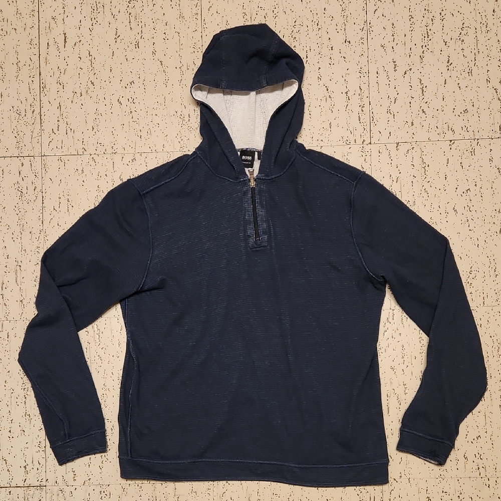Hugo Boss Navy Blue Pin Striped 1/4 Zip Lightweight Pullover Hoodie Sweater